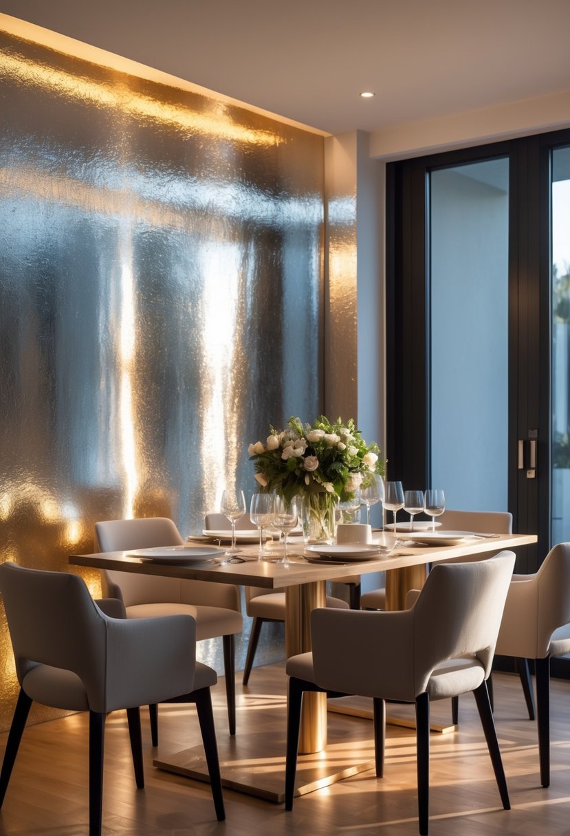 Dining Room Accent Wall in a Surreal-Style: 22 Creative Ideas for Bold Interiors 16 A modern dining room with a wooden table and chairs, featuring a shiny metallic accent wall and soft natural lighting.