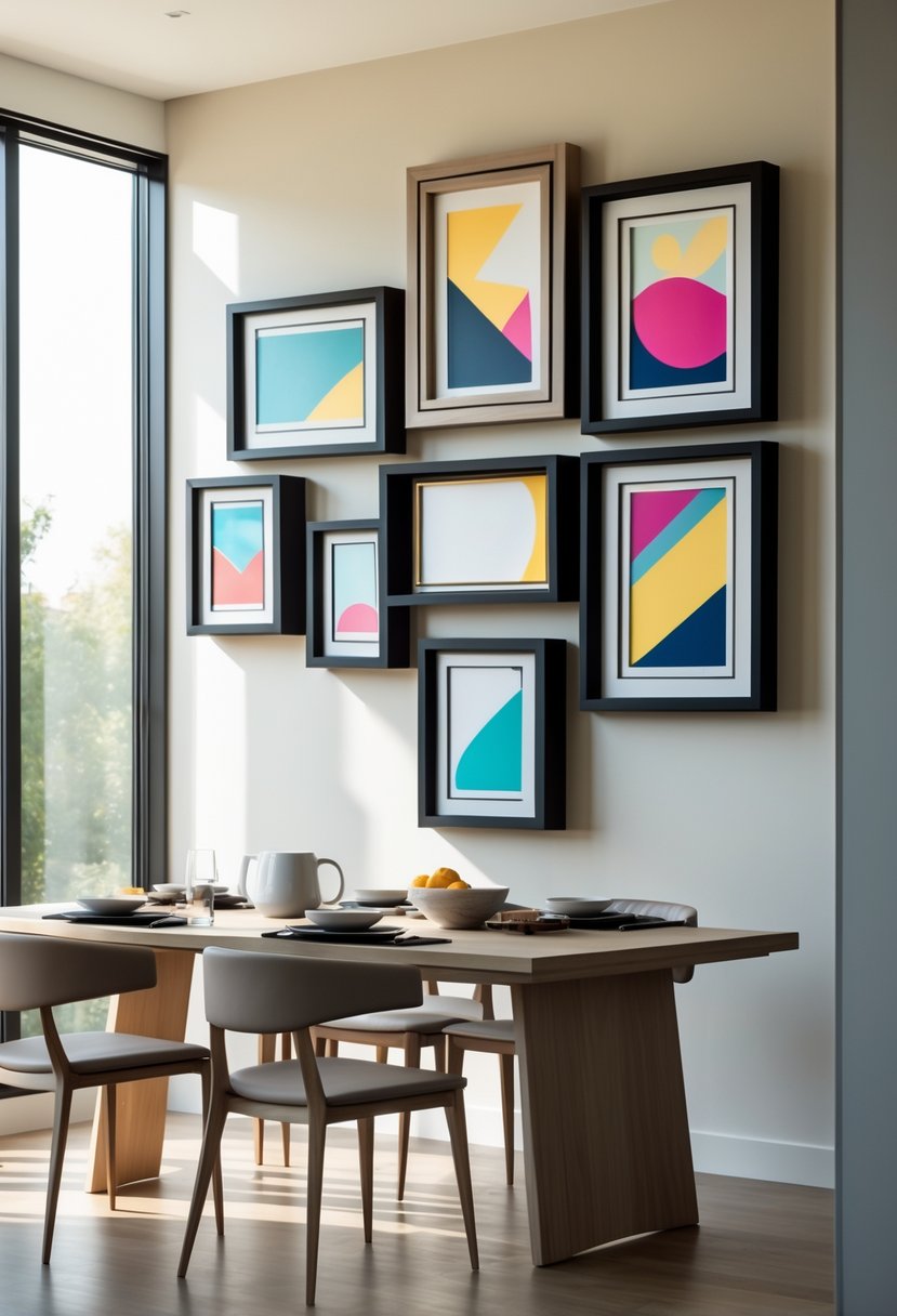 Dining Room Accent Wall in a Surreal-Style: 22 Creative Ideas for Bold Interiors 18 A modern dining room with a wooden table and chairs, featuring an accent wall decorated with multiple floating picture frames arranged in an artistic pattern.