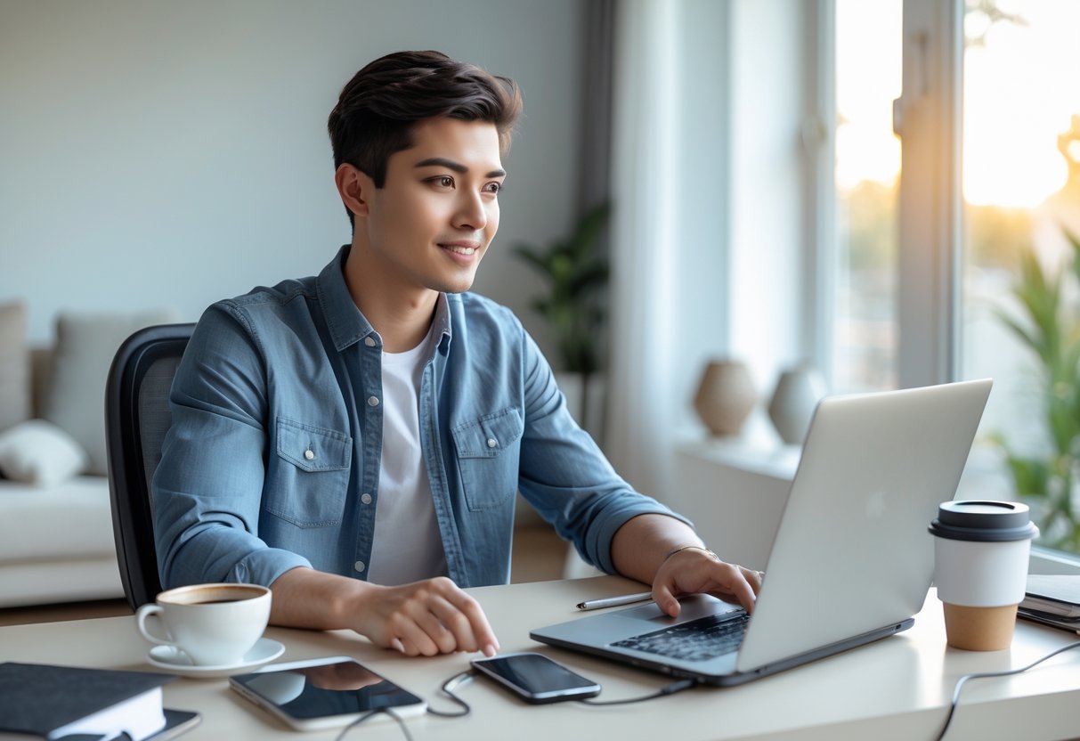 A young professional working on a laptop in a bright home office, focused on a virtual training session.