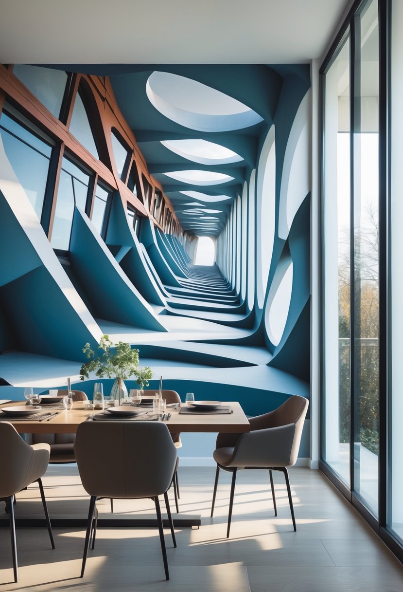 Dining Room Accent Wall in a Surreal-Style: 22 Creative Ideas for Bold Interiors 22 A modern dining room with a wooden table and chairs, featuring a large colorful mural on one wall.