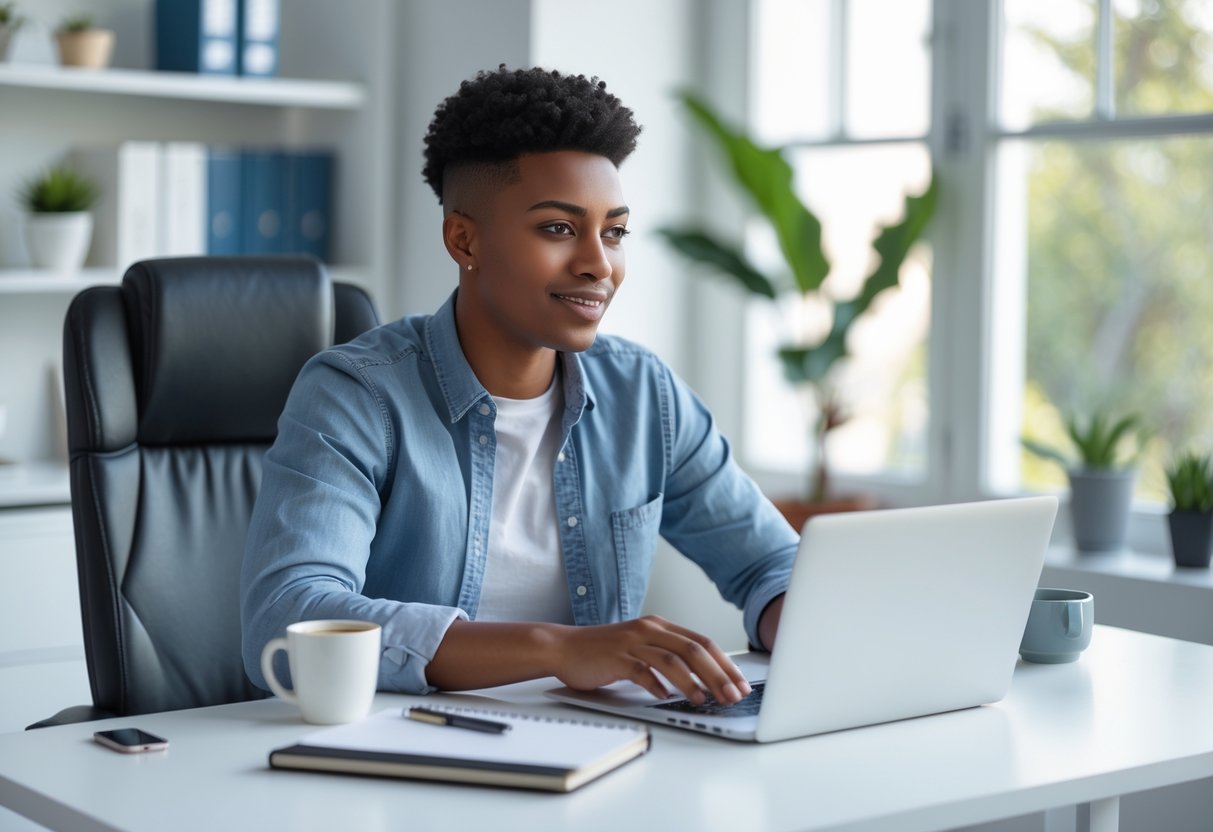 A young professional working at a laptop in a bright home office, engaged in an online training session.
