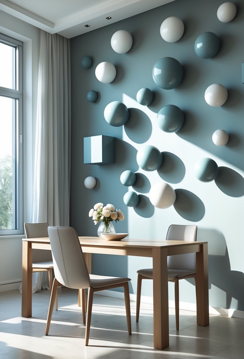 Dining Room Accent Wall in a Surreal-Style: 22 Creative Ideas for Bold Interiors 23 A modern dining room with a wooden table and chairs in front of an accent wall featuring floating spheres and cubes.