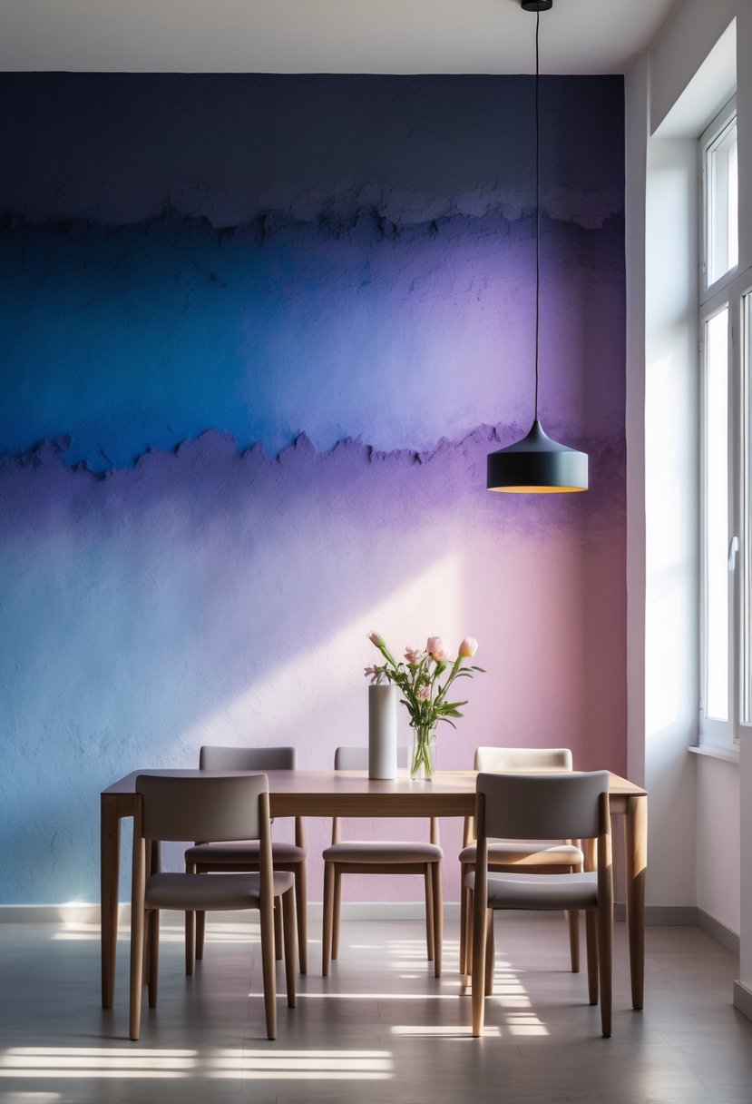 Dining Room Accent Wall in a Surreal-Style: 22 Creative Ideas for Bold Interiors 24 A dining room with a wooden table and chairs in front of a colorful gradient wall transitioning from blue to pink.