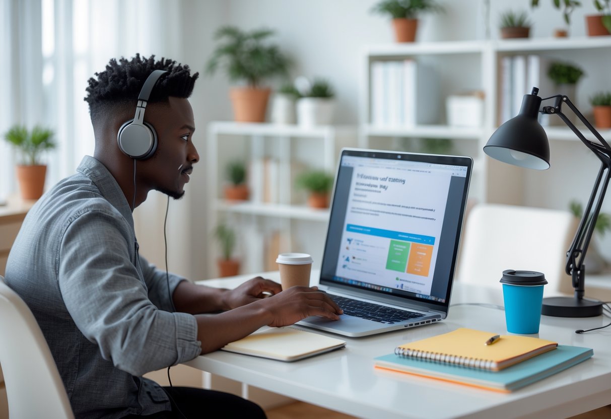 A young professional working at a laptop in a bright home office, attentively learning from an online training session.