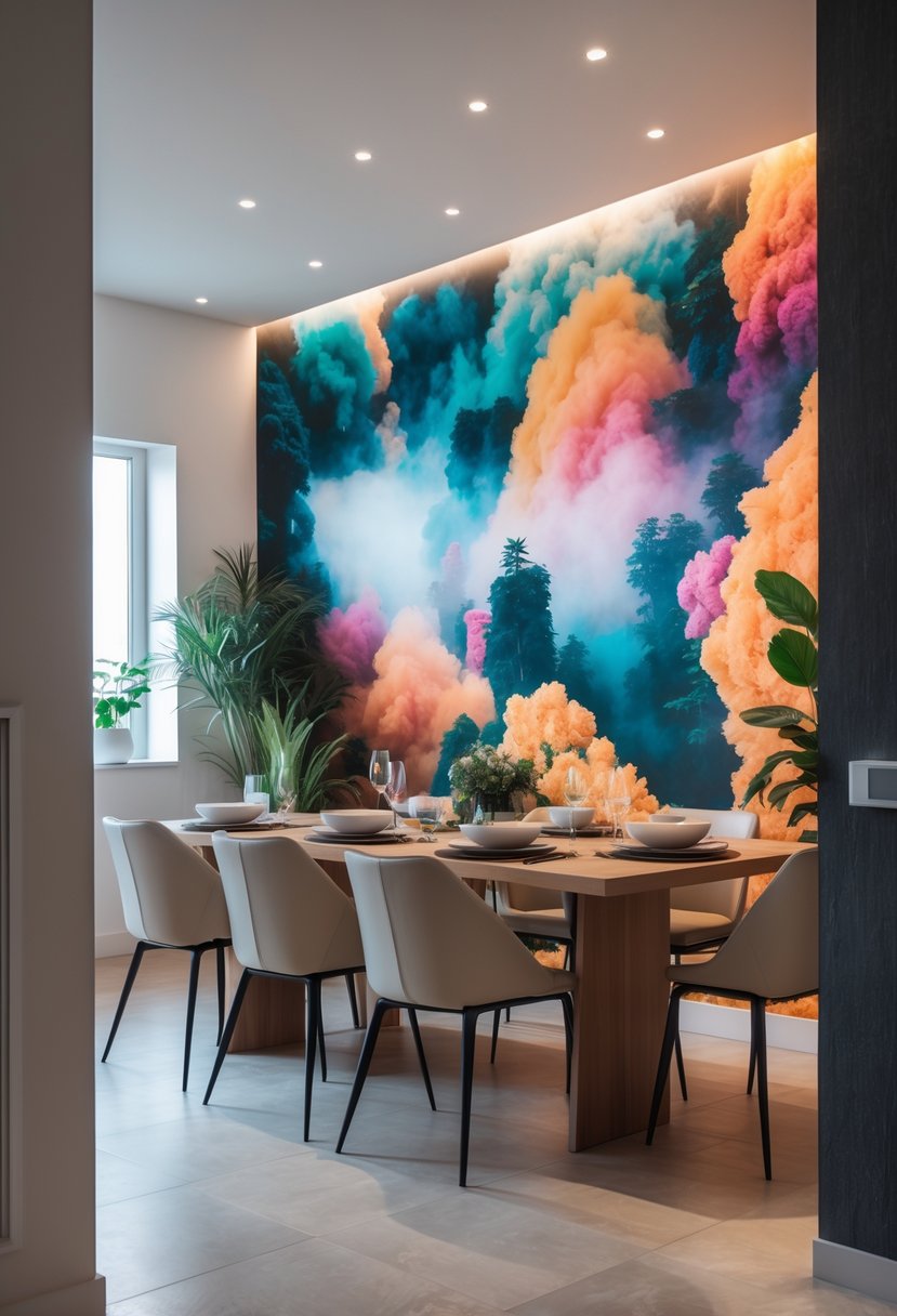 Dining Room Accent Wall in a Surreal-Style: 22 Creative Ideas for Bold Interiors 25 A modern dining room with a wooden table, chairs, and a colorful decorative accent wall.