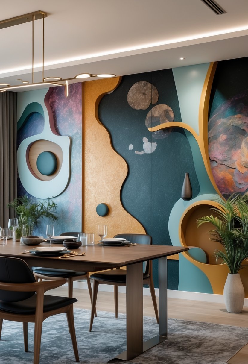 Dining Room Accent Wall in a Surreal-Style: 22 Creative Ideas for Bold Interiors 26 A modern dining room with a wooden table, chairs, and a colorful accent wall featuring abstract art.