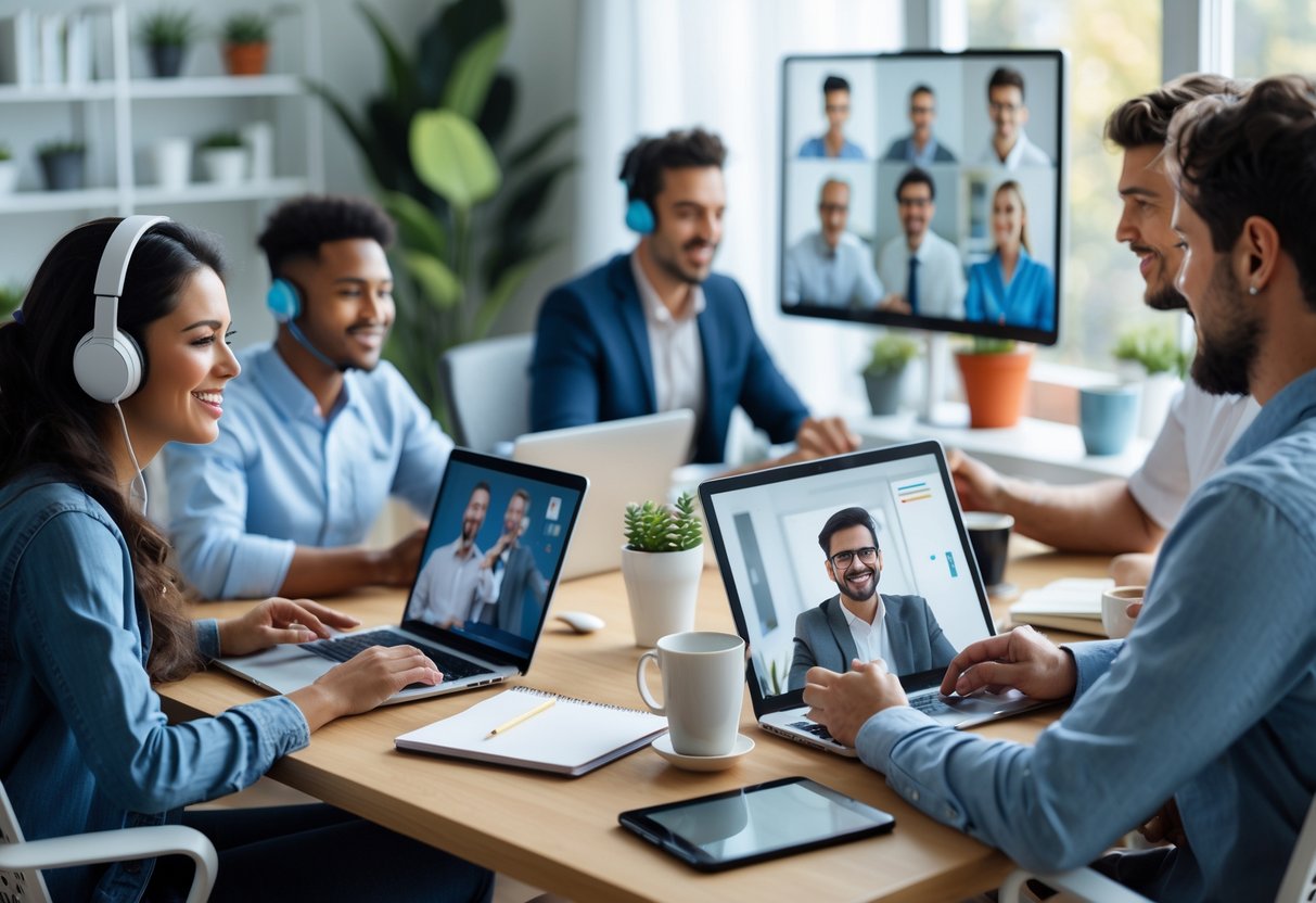 Three young professionals working remotely in a bright home office with laptops and tablets, engaged in hands-on training activities.
