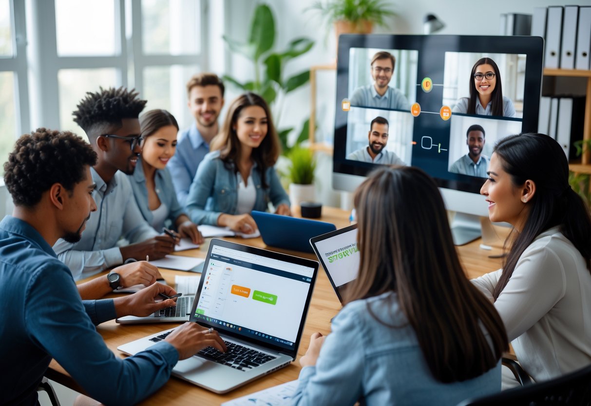 A group of young adults participating in a remote hands-on training session from their homes, working on laptops and interacting through video calls.