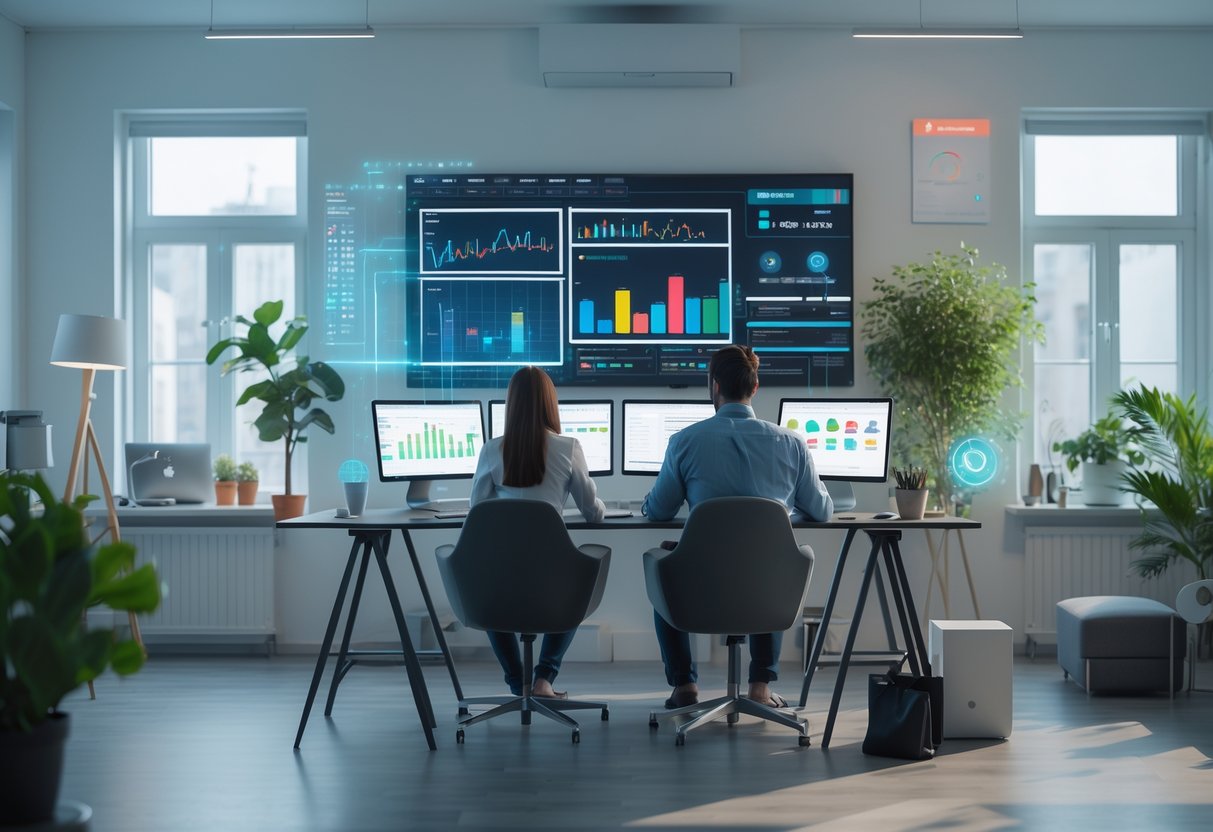 A diverse group of people working remotely at a modern home office with laptops and multiple screens, surrounded by smart devices and natural light.