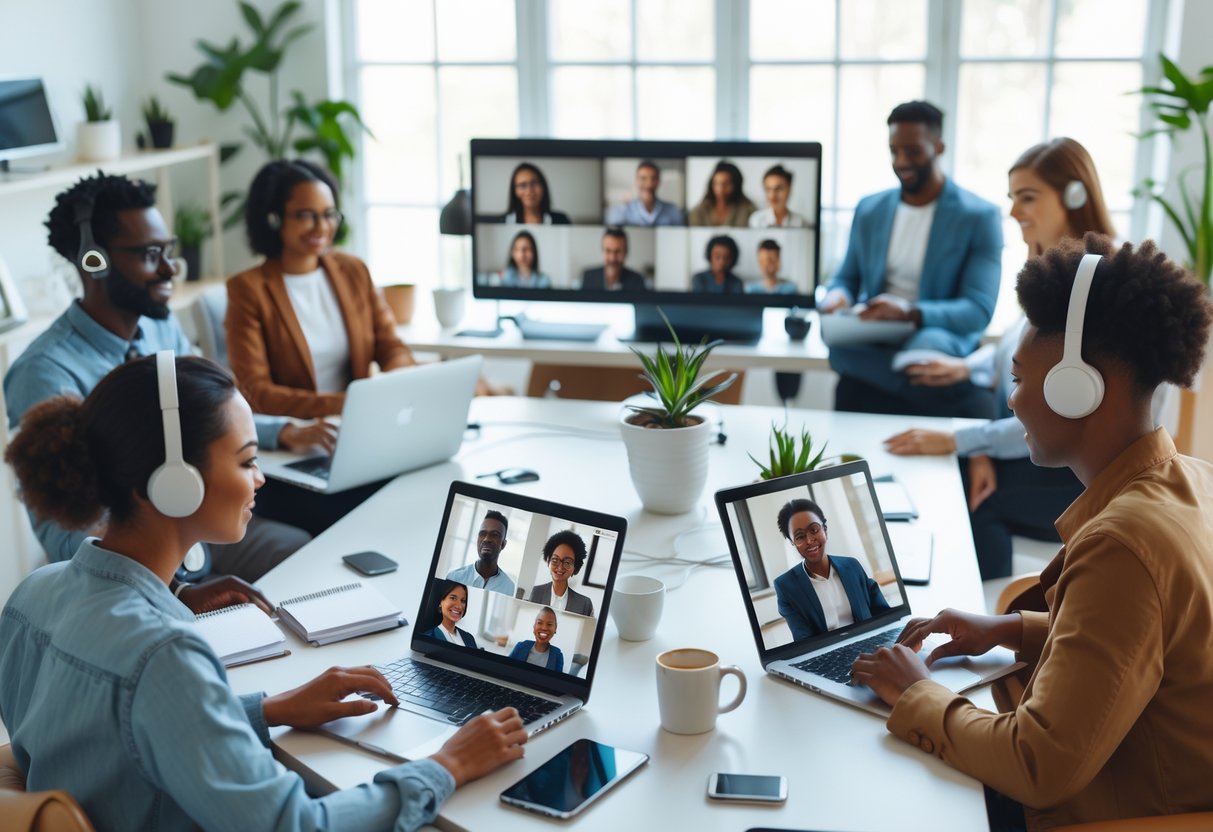 A diverse group of people working remotely from home using laptops and video calls in a bright, modern office setting.