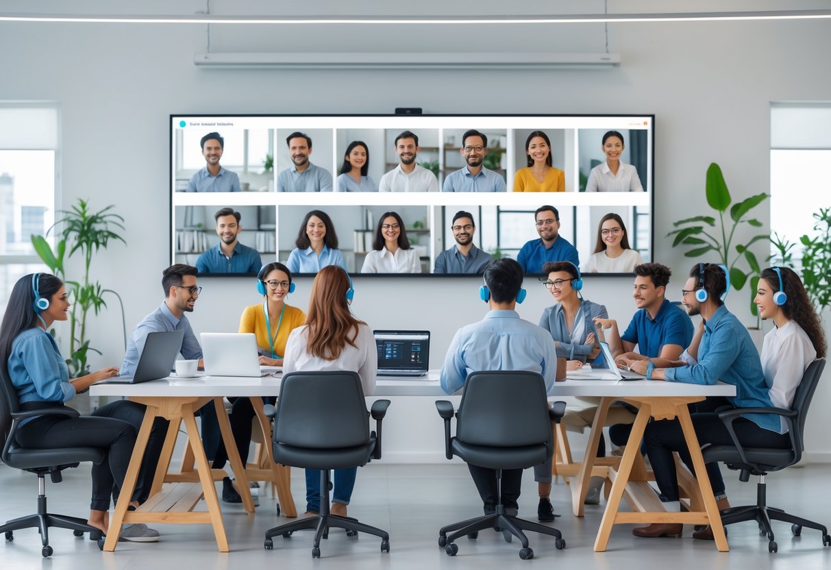A diverse group of people working remotely from modern home and co-working spaces using laptops and tablets.