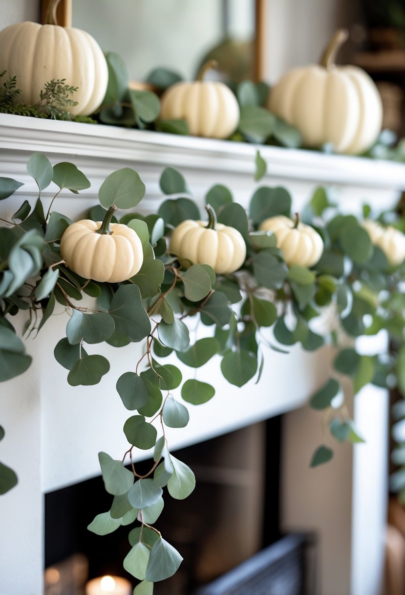 A mantel decorated with a eucalyptus garland and small white pumpkins arranged for fall.