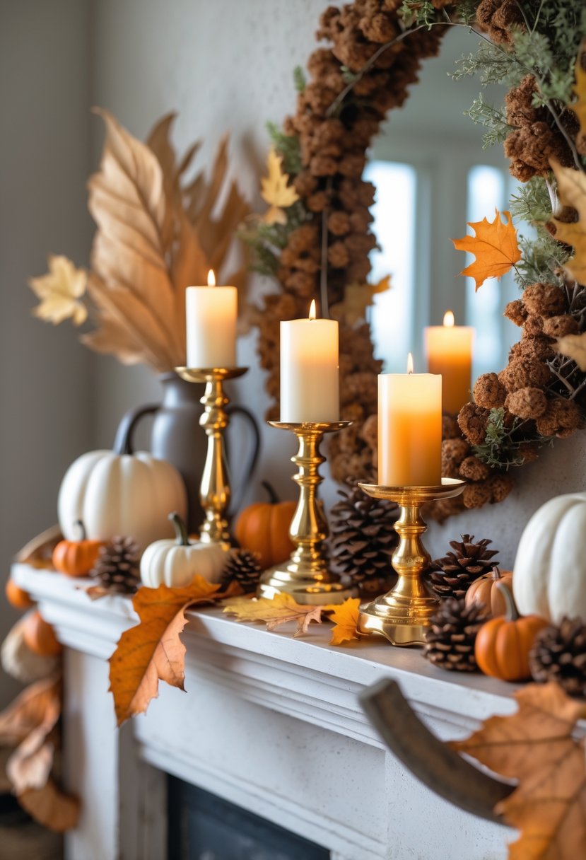 A fall mantel decorated with gold candle holders holding lit pillar candles, surrounded by autumn leaves and small pumpkins.