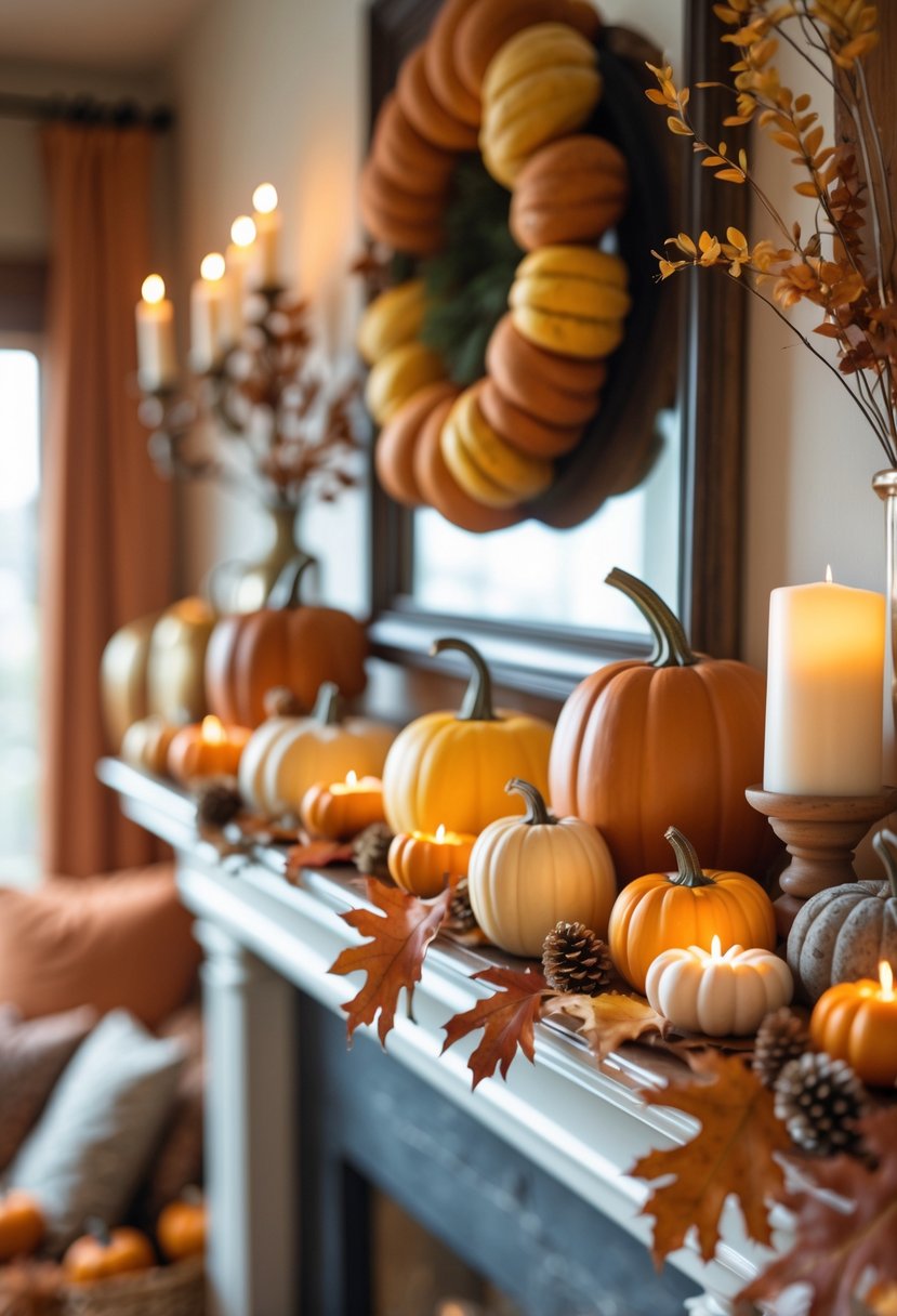 A mantel decorated with a variety of small pumpkins in warm fall colors, accompanied by autumn leaves and pinecones.