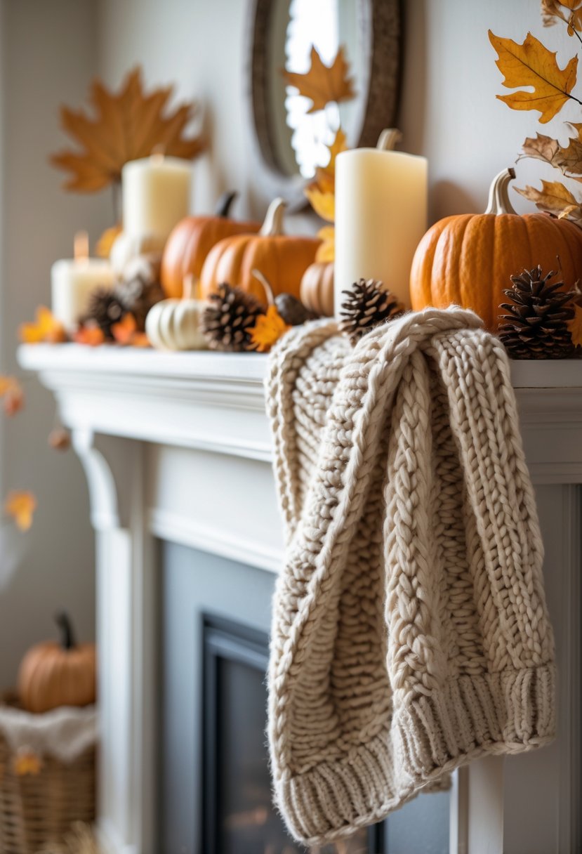 A fall mantel decorated with a chunky knit throw draped over one end, surrounded by pumpkins, candles, and autumn decorations.