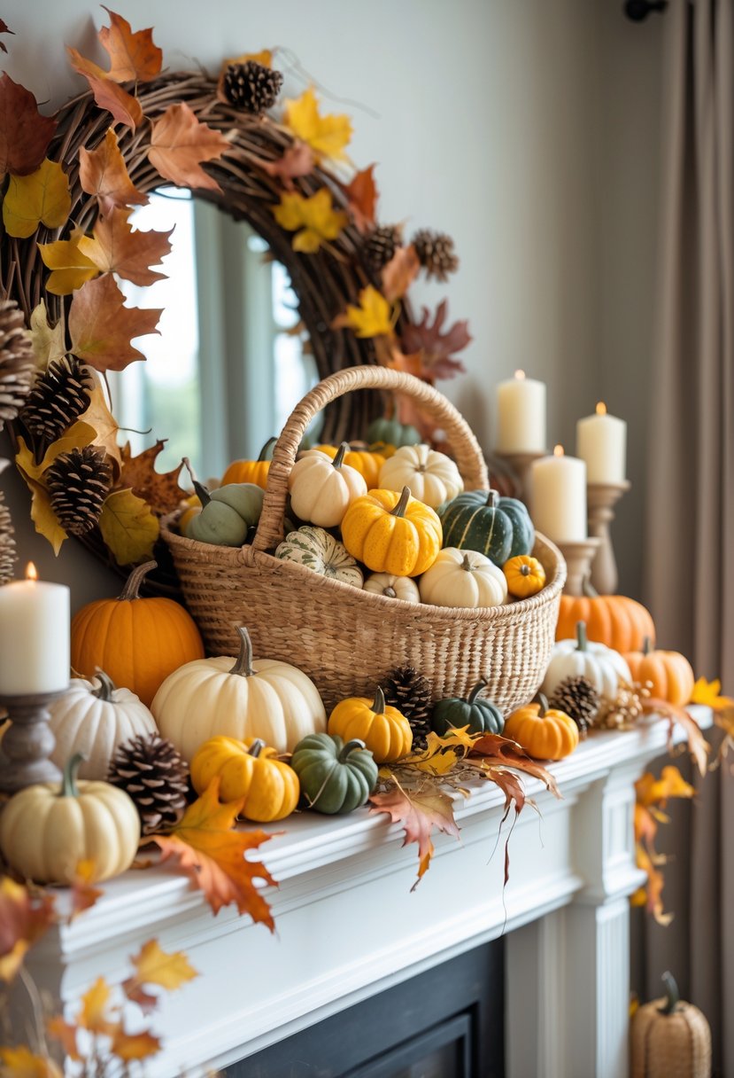 A woven basket filled with various seasonal gourds placed on a decorated mantel with autumn leaves, pumpkins, and candles.