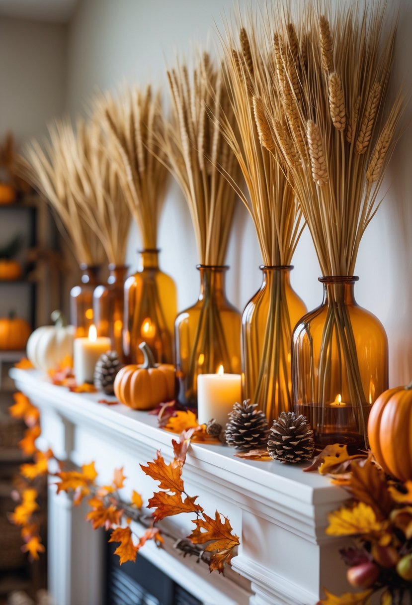 A mantel decorated with amber glass vases holding dried wheat stems, surrounded by pumpkins, pinecones, candles, and autumn leaves.