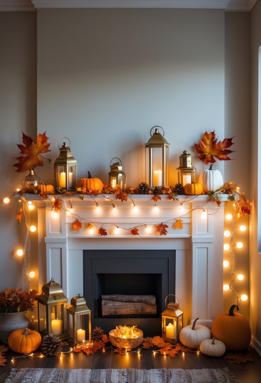A fall mantel decorated with brass lanterns, string fairy lights, pumpkins, leaves, and candles.