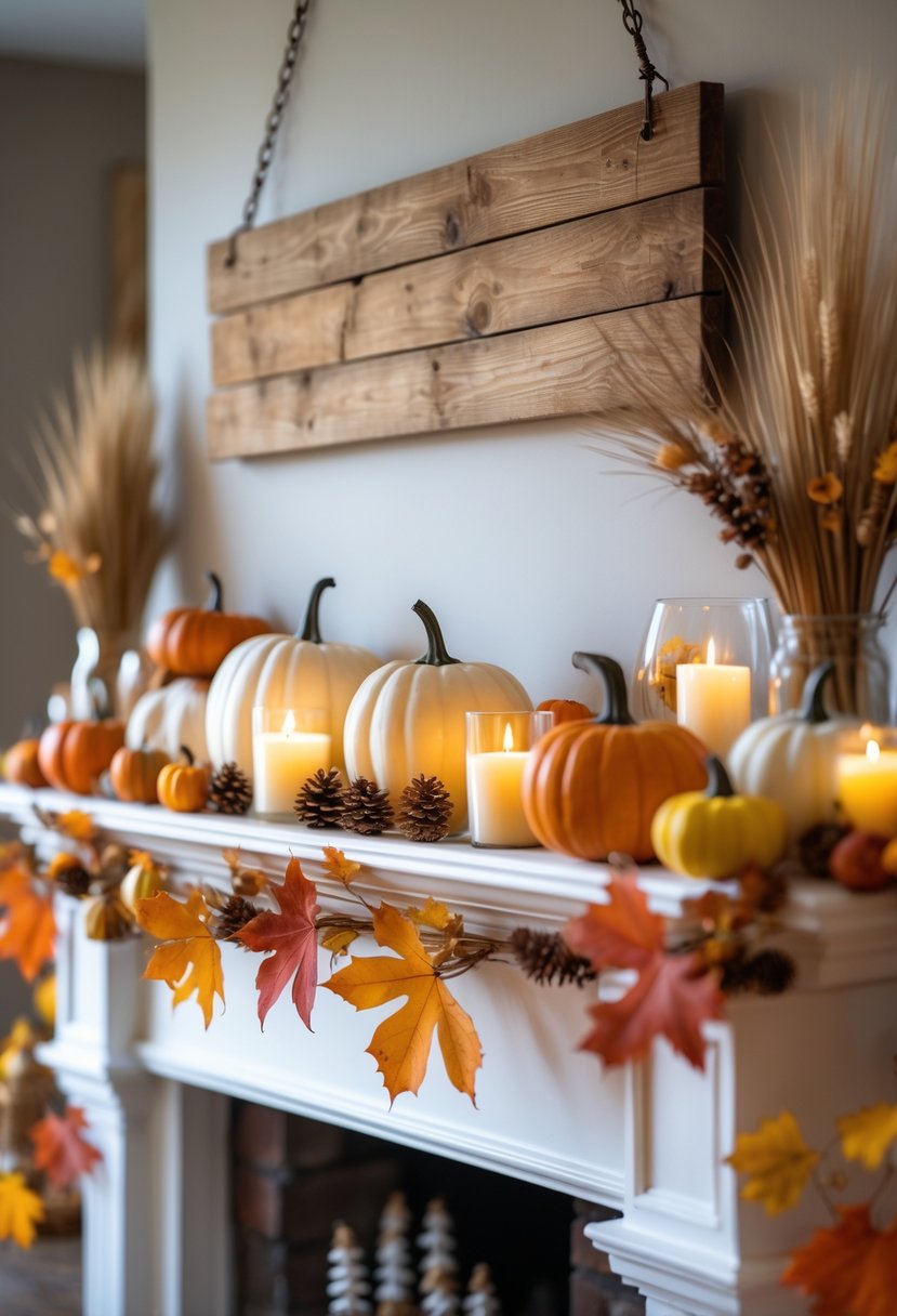 A mantel decorated with pumpkins, autumn leaves, candles, and a rustic wooden sign hanging above it.