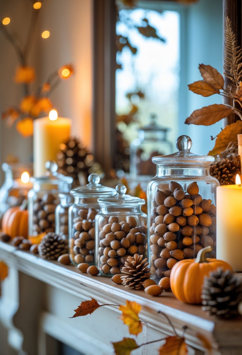 A mantel decorated with clear glass jars filled with acorns and surrounded by fall decorations like pumpkins, pinecones, and dried leaves.