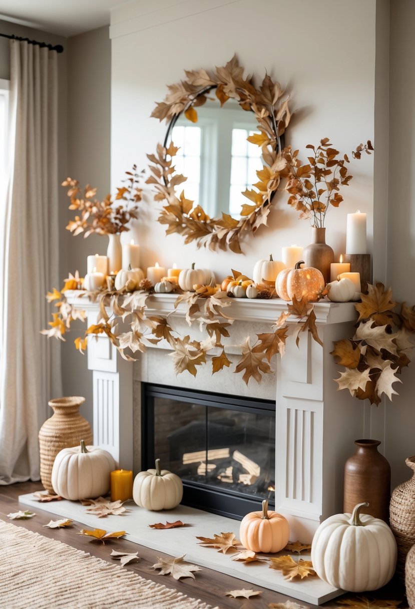 A fall mantel decorated with neutral-toned faux leaves and various autumn decorations including candles and small pumpkins.