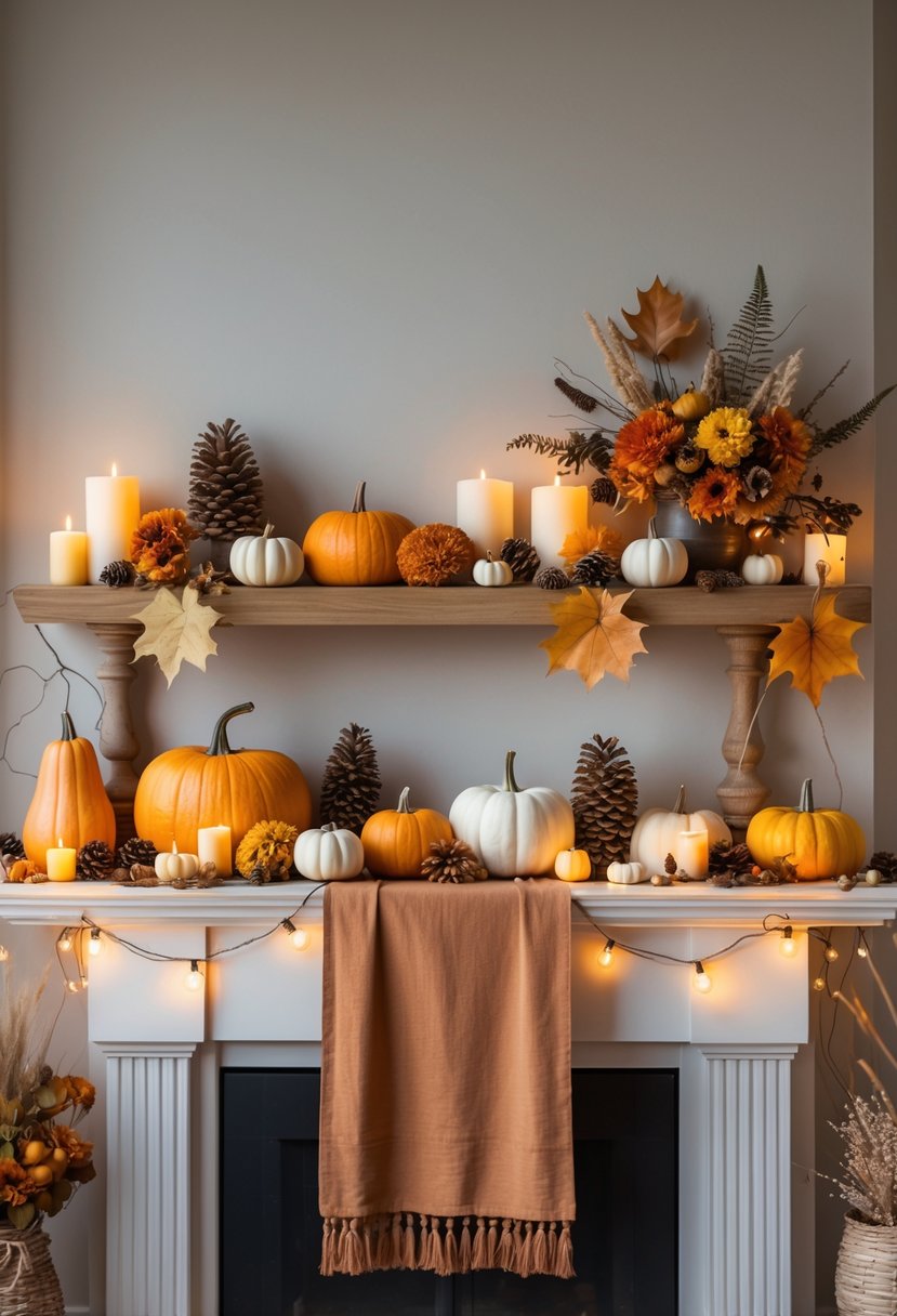 A fall mantel decorated with a beige or rust-colored table runner, pumpkins, candles, pinecones, dried leaves, and autumn flowers.