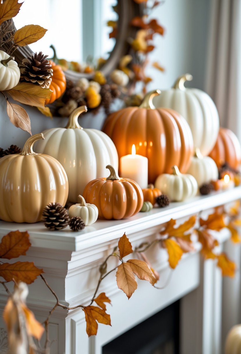 A mantel decorated with ceramic pumpkins of different sizes and other fall decorations like dried leaves and pinecones.