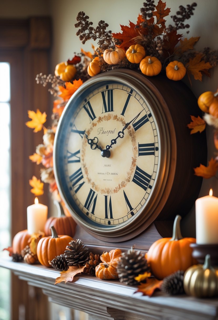 A mantel decorated with a vintage clock surrounded by pumpkins, dried leaves, pinecones, and candles.