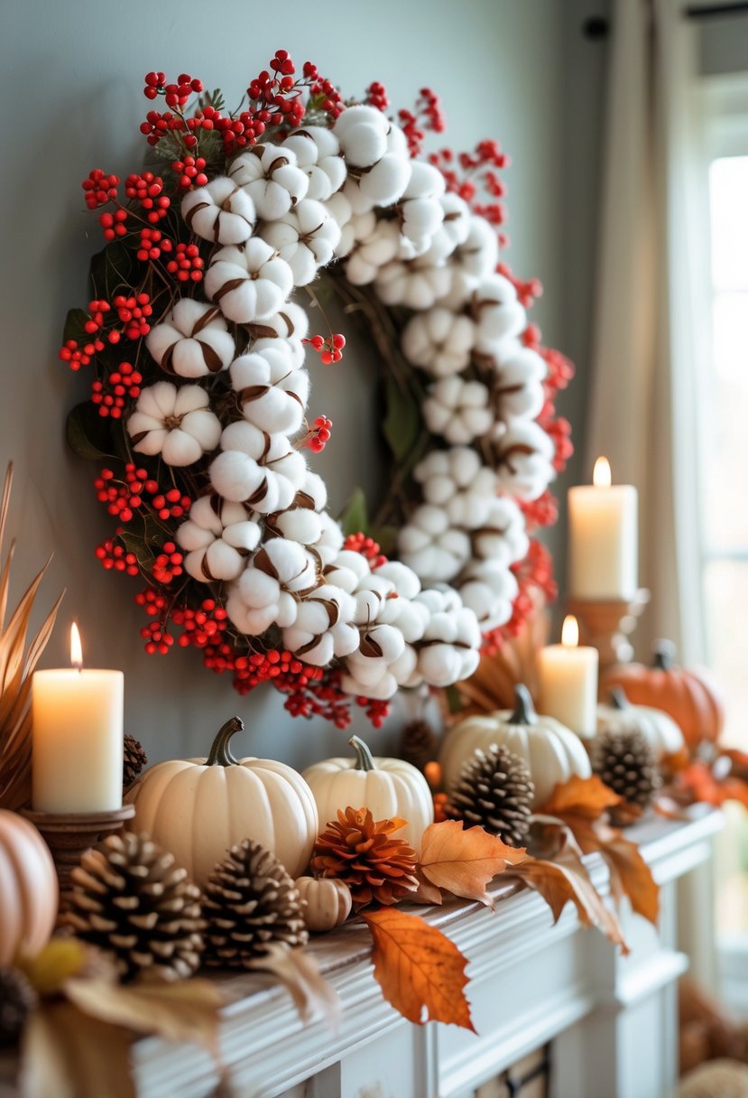A fall mantel decorated with a wreath made of cotton and red berries, surrounded by pumpkins, candles, and autumn leaves.