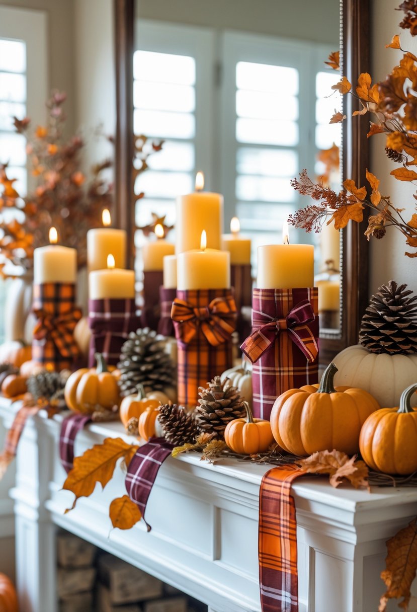 A fall mantel decorated with candles tied with orange and burgundy plaid ribbons surrounded by pumpkins, pinecones, and autumn leaves.