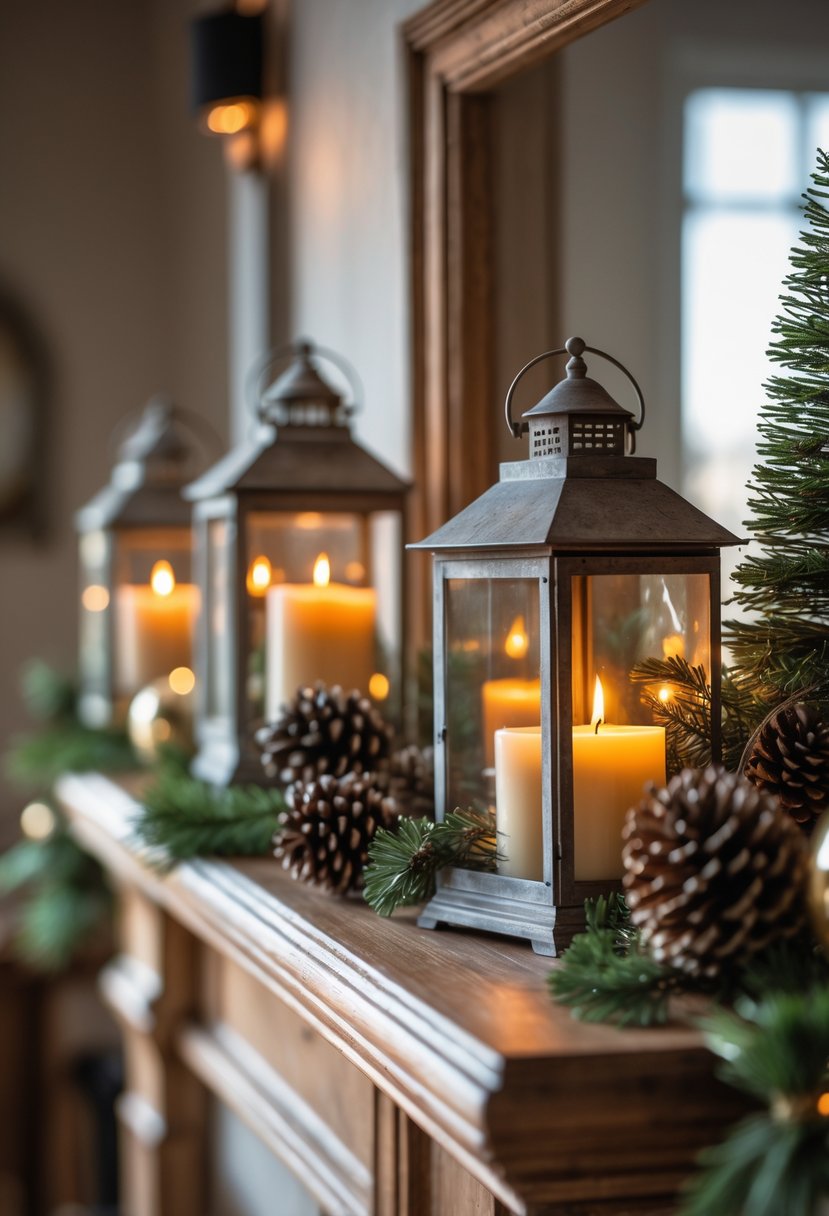 A winter mantel decorated with vintage lanterns holding flickering candles, pinecones, and evergreen branches.
