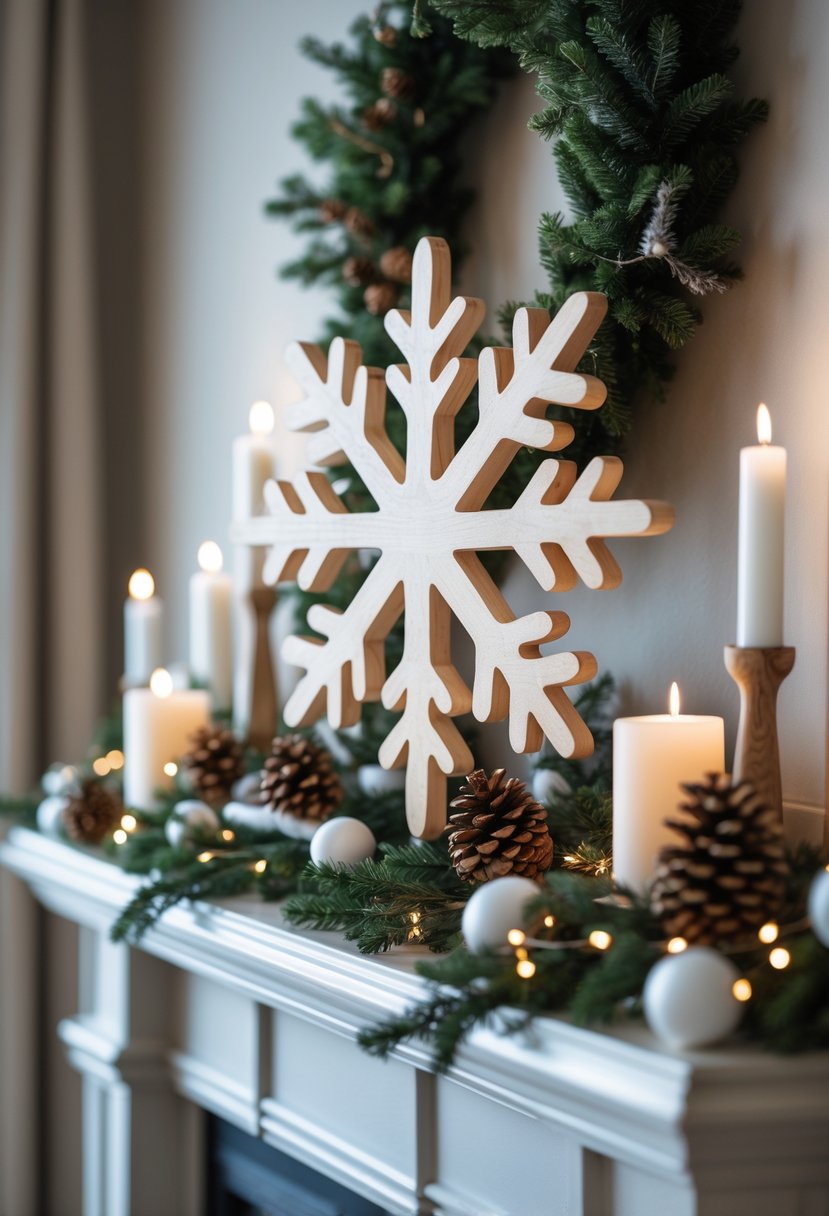 A large wooden snowflake centerpiece on a mantel decorated with pinecones, evergreen branches, candles, and fairy lights.