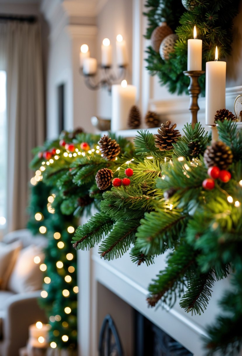 A winter mantel decorated with green evergreen garlands, pinecones, red berries, and fairy lights in a warmly lit living room.