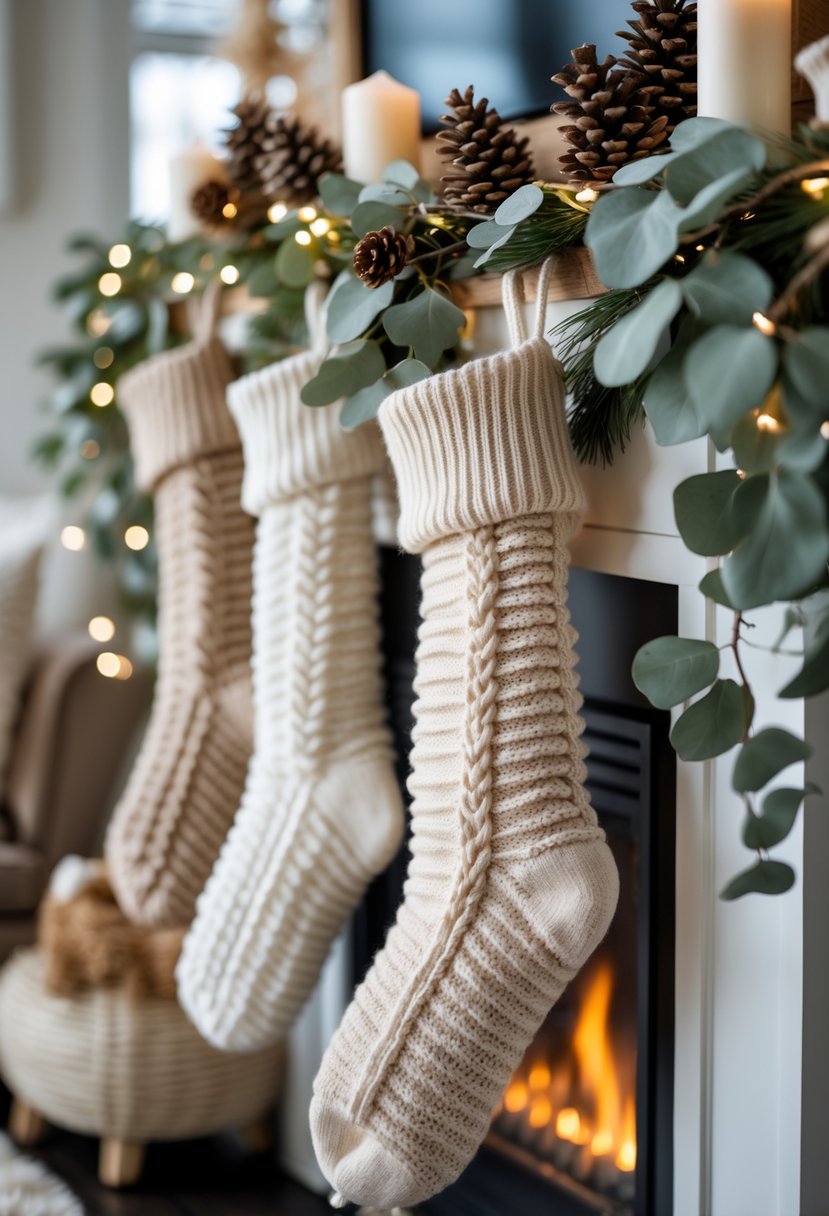 A living room with a winter mantel decorated with neutral knit stockings, pinecones, eucalyptus branches, candles, and fairy lights above a lit fireplace.