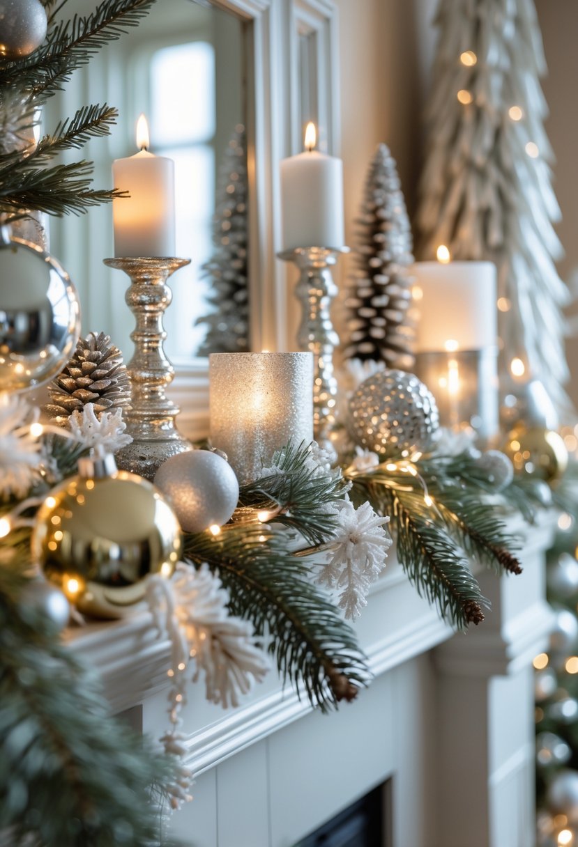 A decorated winter mantel with silver and gold metallic accents, candles, pinecones, greenery, and fairy lights in a cozy room.
