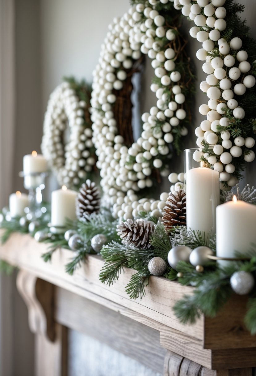 A winter mantel decorated with white berry wreaths, candles, pinecones, and greenery.