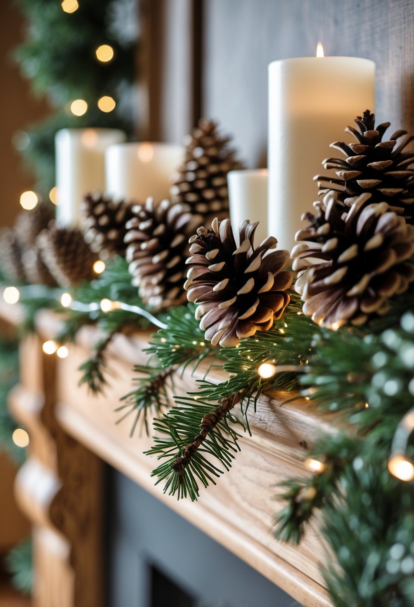 A winter mantel decorated with clusters of pinecones, evergreen branches, candles, and soft lights.