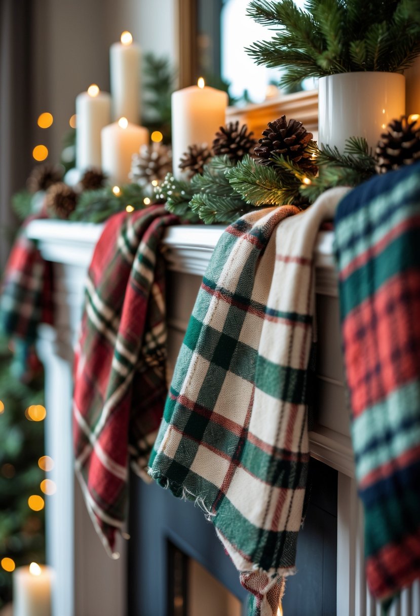 A winter mantel decorated with layered plaid textiles, pine cones, evergreen branches, and candles creating a cozy scene.
