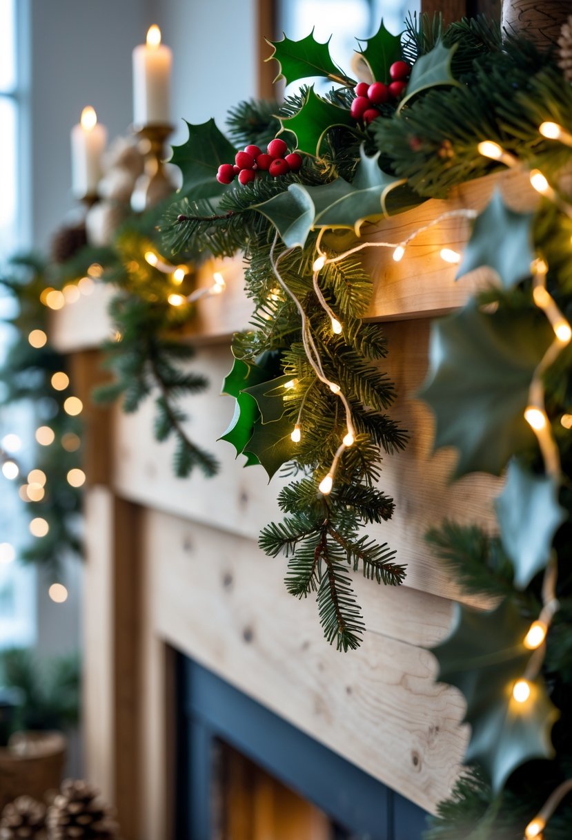A winter mantel decorated with green garlands and warm white LED string lights, pinecones, and candles.
