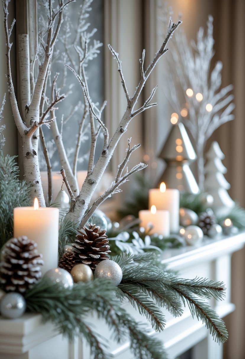 A winter mantel decorated with frosted birch branches, pine cones, candles, and greenery.