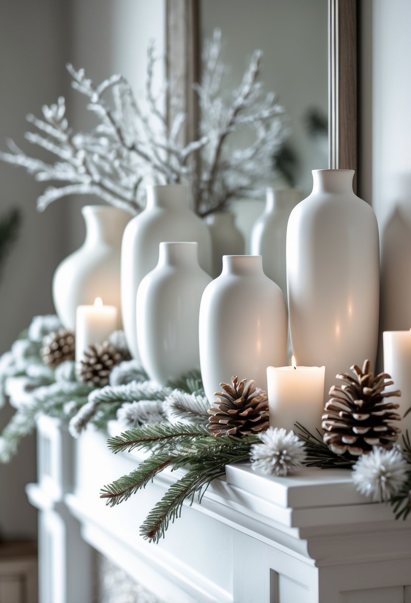 A mantel decorated with white ceramic vases, pinecones, greenery, and candles.