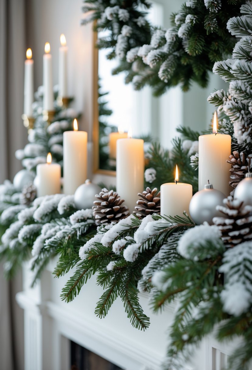 A winter mantel decorated with snow-dusted evergreen branches, candles, pine cones, and silver ornaments.
