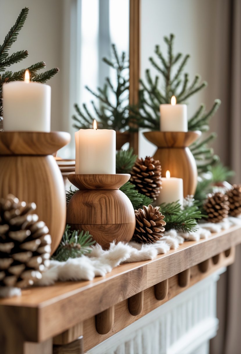 A winter mantel decorated with wooden candle holders, pine cones, and evergreen branches.