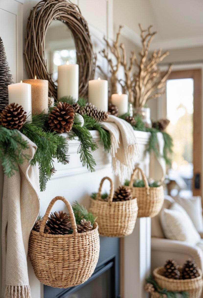 A winter mantel decorated with natural woven baskets filled with pinecones and greenery, candles, and dried branches in a warm living room.