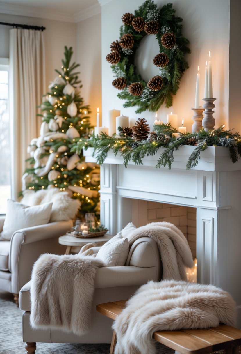 A living room with a decorated winter mantel and soft faux fur throws draped on furniture nearby.