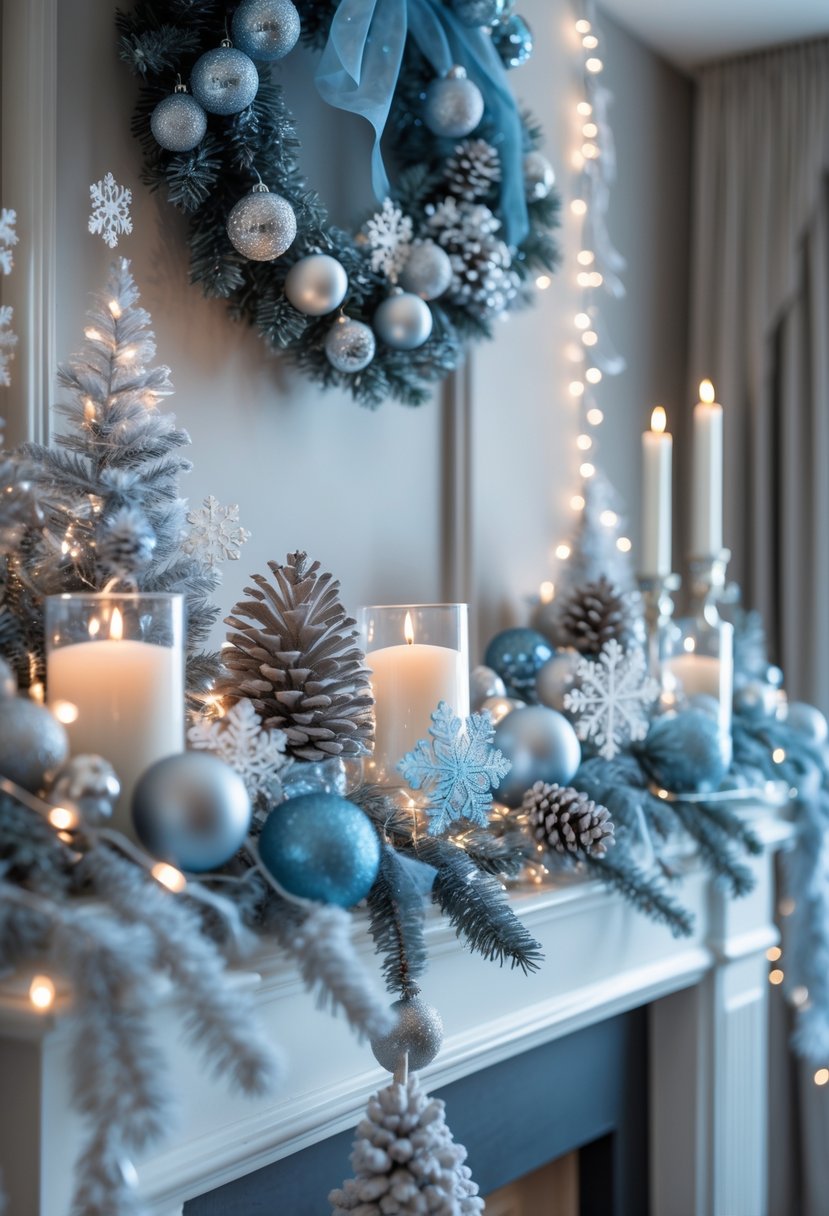 A living room mantel decorated with icy blue and silver Christmas ornaments, frosted pinecones, snowflakes, and white fairy lights.
