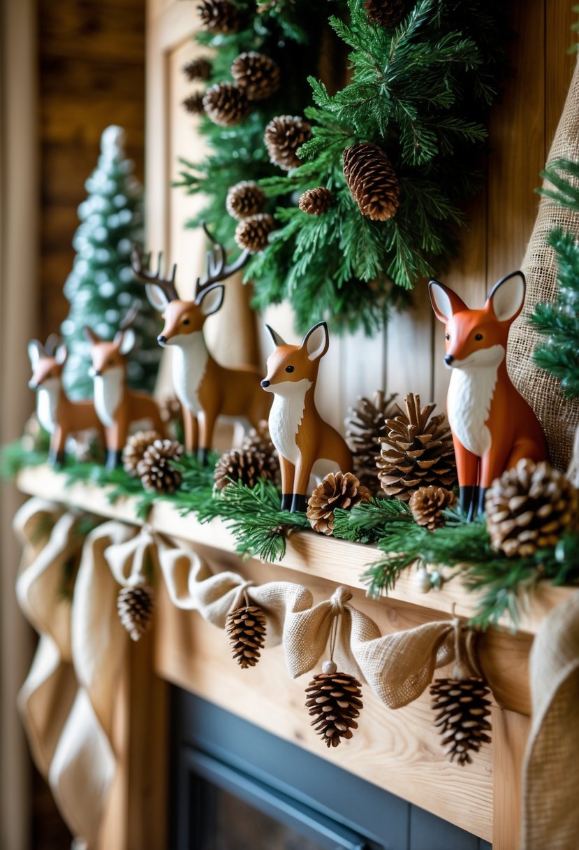 A Christmas mantel decorated with woodland animal figurines, pinecones, evergreen branches, and burlap accents.