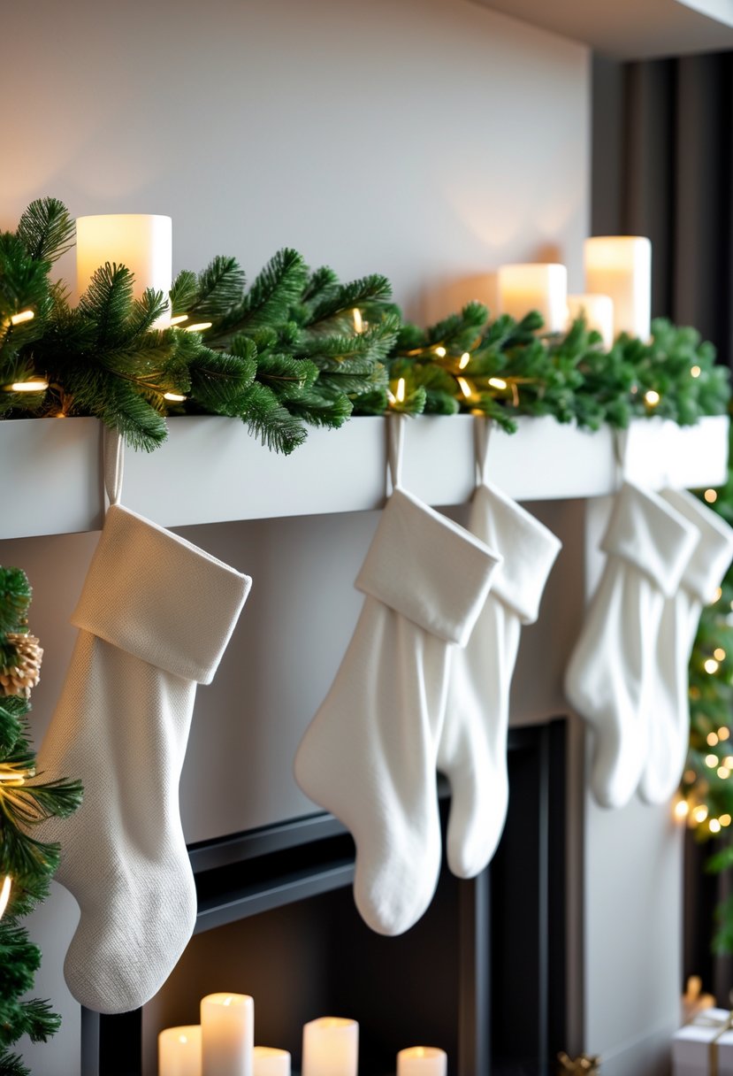 A Christmas mantel decorated with white stockings and green garlands in a clean and simple setting.