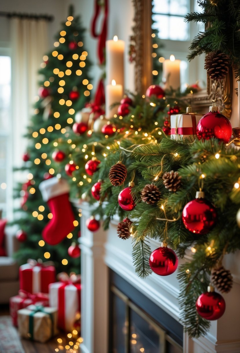 A Christmas mantel decorated with red and green garland, classic ornaments, candles, and wrapped gifts in a cozy living room.