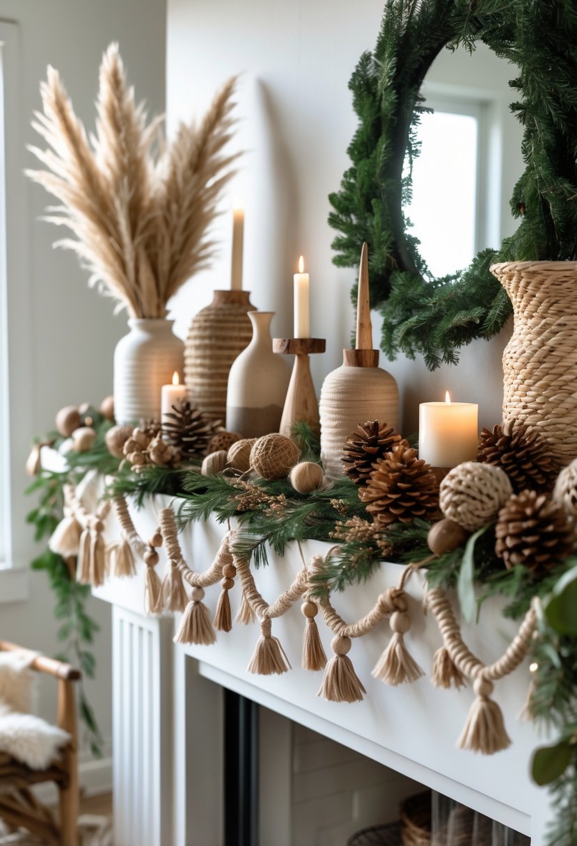 A cozy Christmas mantel decorated with natural elements like dried grasses, pine cones, candles, and woven garlands.